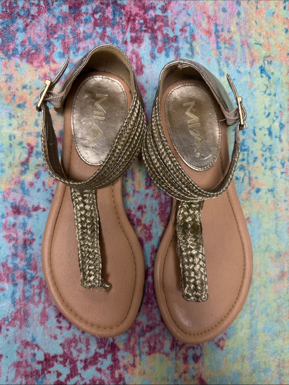 MIA Metallic Gold Braided T-Strap Sandals Size 6.5 Boho Flat Sandals